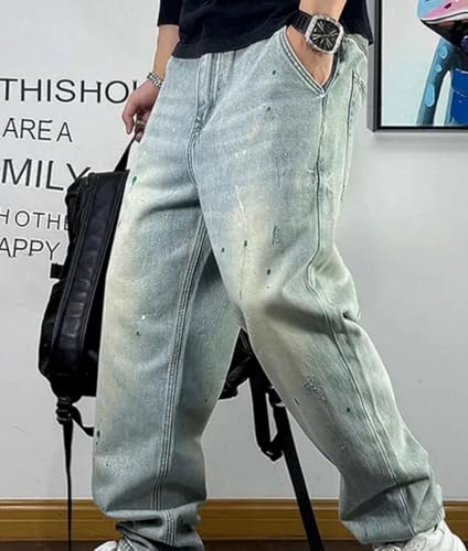 Men’S Streetwear Splash Ink Loose Denim Cargo Pants Slim Fit Full Length Button Fly Light Distressed Wash Trousers3