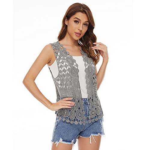 Image of Womens Floral Crochet Lace Boho Trim Sleeveless Open Front Vest Cardigan