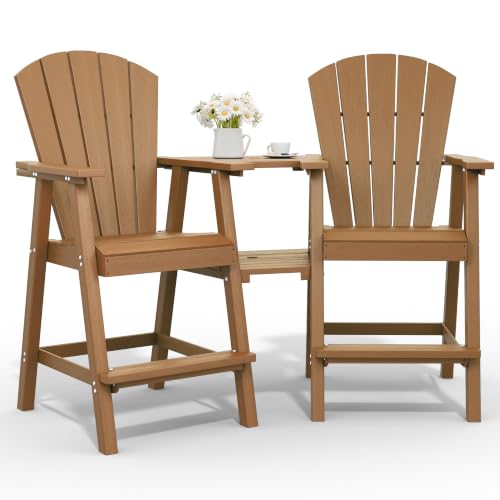 SUUNYN Tall Adirondack Chairs Set of 2 HDPE High Adirondack Chairs with Double Removable Trays All Weather Outdoor Barstools for Patio Balcony Backyard Deck and Garden Teak