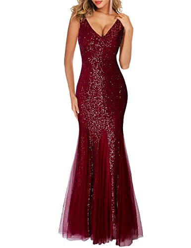 ANATA Bodycon Dresses for Women Mermaid Sequin Tulle Party Dress Sleeveless Ladies Sexy Dresses Floor-Length Gown Glitter Formal Evening Night Out Prom Woman Cocktail Christmas Maroon M