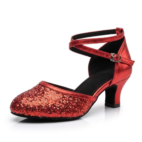 MSMAX Womens Glitter Latin Dance Shoes Sequin Closed Toe Ankle Strap Red Ballroom Salsa Tango 1920s Flapper Party Shoes 9.5 M US Women