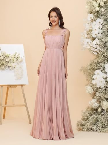 Chiffon Square Neck Bridesmaid Dresses Spaghetti Straps Long Aline Formal Dress PU3204