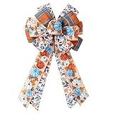 JarThenaAMCS Fall Wreath Bow Orange Blue Pumpkin Maple Leaves Fabric Ribbon Bow for Autumn Thanksgiving Home Indoor Outdoor Tree Topper Wall Decor Wreath Ornament Supplies
