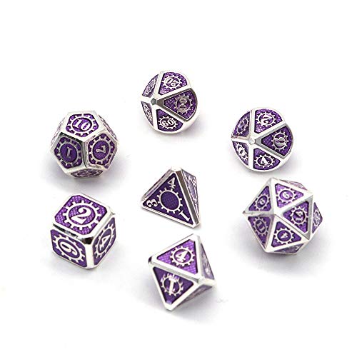 DollaTek Juego de Dados poliédricos metálicos de 7 Piezas con Bolsa de Almacenamiento Negra para Juegos de rol Dungeons and Dragons D&D Math Teaching (Gear Silver and Purple)