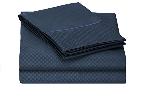 Clara Clark 1800 Collection Embossed Checkerboard Design 4-Piece Bed Sheet Set, Full, Navy Blue