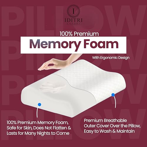 Image of Cervical Contour Pillow Set of 2, Memory Foam Neck Support for Sleeping, Orthopedic Bed Cushion for Side Back Sleepers, Shoulder Relief, Maroon, 48 x 30 cm Size, Daily Sleep Support
