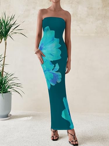 Image of PRETTYGARDEN Women Summer Strapless Maxi Dress Bodycon Floral Sexy Long Wedding Guest Dress Formal Tube Mesh Cocktail Dresses