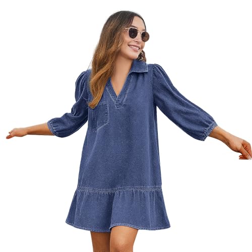Women's V-Neck Denim Dress, 3/4 Sleeve Ruffle Loose Denim Dress Flowy Mini Jean Dresses with Pockets2