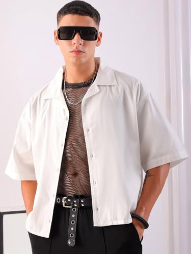 Image of The Indian Garage Co Men Boxy Fit Graphic Print Half Sleeves Cuban Collar Street Wear Cropped Shirt