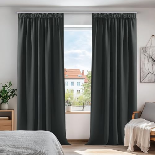 Deconovo Gardinen Wohnzimmer Blickdicht mit Kräuselband Vorhang Dunkelgrau | 2er Set, H 300 x B 140 cm, Thermogardine Wärmeisolierend, Curtains for Bedroom, für gegen Kälte, UV-sch