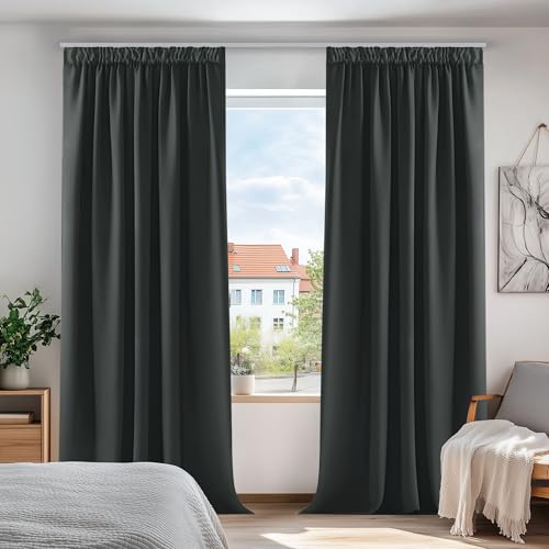 Deconovo Gardinen Wohnzimmer Blickdicht mit Kräuselband Vorhang Dunkelgrau