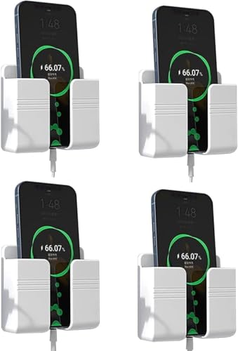 Wall Mount Phone Holder Self Adhesive Phone Stand with Data Cable Receiving Hole, Charger Remote Control Storage Box for Bedroom, Kitchen, Bathroom, Office (pack of 4 white)