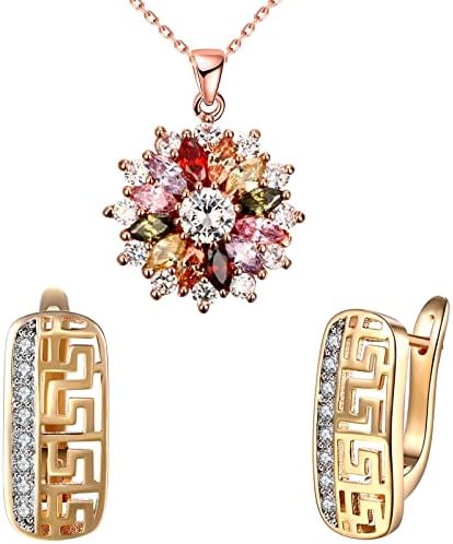 WSKFLY Colorful Snowflake Pendant Necklace,14K Gold Plated Pattern Cutout Diamond Earrings for Womens,Set in 18k Rose Gold Plated Ladies with 5A Cubic Zirconia Christmas Jewelry Gift Birthday Gifts for Her