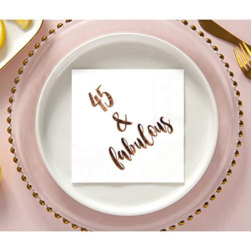 45 & Fabulous Cocktail Napkins, 50-Pack 3ply White Rose Gold 45th Birthday Dinner Celebration Party Decoration Napkin