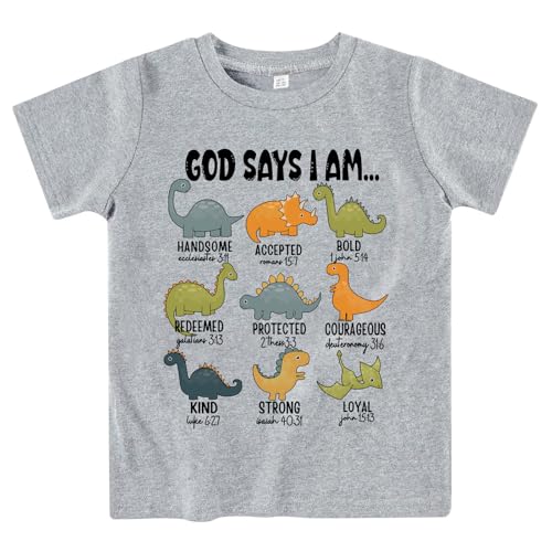 Sineeko God Says I Am Handsome T-Shirt Christian Shirt for Boys and Girls Bible Verse Kids Dinosaurs Toddler Easter Dino Grey Tops 4T