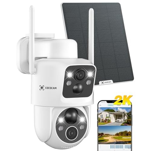 COCOCAM 2K Security Camera Outdoor Wireless with Dual Lens Dual PIR, Solar Security Camera with 10000mAh Battery, CCTV Camera with 355°P 90°T, 6W Solar Panel, AI Analysis, PIR Human Detection, IP66