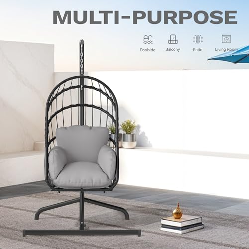 DWVO Wicker Swing Egg Chair 300lbs Capacity - Foldable Hanging Hammock with Cushions & Stand, Indoor/Outdoor Patio Swing Chair for Bedroom, Garden, Balcony (Grey)