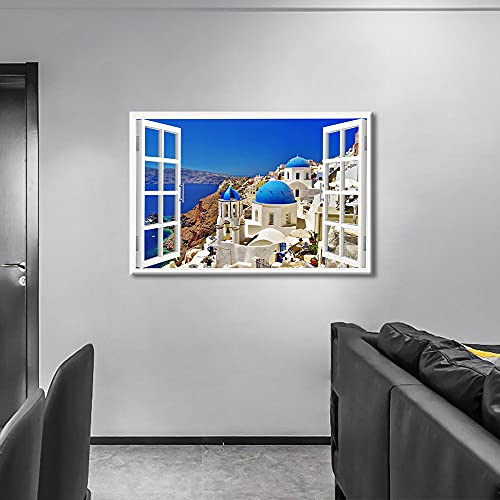 Tumovo Blue White Canvas Wall Art Aegean Painting Greek Islands Landscape Picture Canvas Print Window View Paintings Santorini Artwork Giclee Gallery Wrap Modern Home Art Ready To Hang, 16" Wx24 H #TOP4