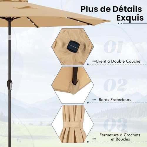 GOPLUS Parasol de Jardin Exterieur 3M, Grand Parasol Inclinable avec Lumineux Solaire 24 LED, 8 Baleines, Manivelle, Anti-UV, pour Plage Balcon Patio, Base Non Incluse (Beige) – vue 6