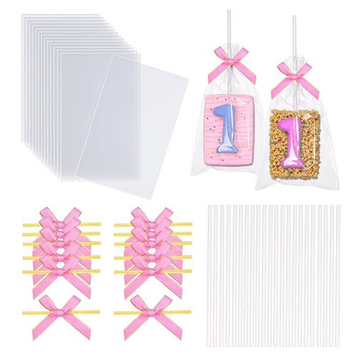 50 Stück 4 x 6 Zoll transparente bolsas de Rice Krispies Treat con palitos y lazos, set de arroz, bolsas para cakesicles, empaquetado individual para malvaviscos, macaron pop, dulces, galletas de