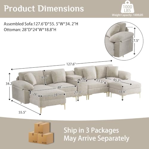 Image of OUYESSIR U-Shaped Sectional Sofa Couch, 4 Seat Sofa Set for Living Room, Convertible U-Shaped Chenille Couch Set with USB Port Central Console Ottoman,128 inches (Beige White)