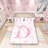 Sábana bajera ajustable con lazo rosa, tamaño individual, con letra inicial D, elegante, romántica, con 1 funda de almohada, estilo princesa, lazo, corazones, hada, suave, decorativa, (no incluye