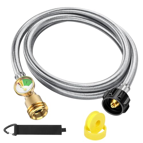 6 FT Propane Tank Extension Hose Braided with Gauge, QCC1/Type 1 Tank Extension Hose, Acme to Male QCC/POL Fitting, Leak Detector Replacement for Propane Tank Appliances, Gas Grill