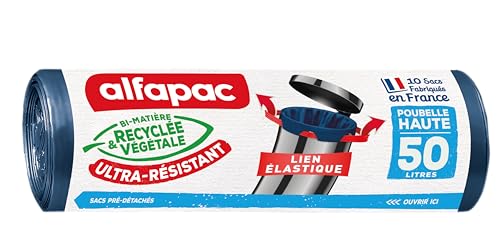 alfapac - 10 sacs-poubelle 50L poubelle haute à lien élastique ultra-résistant - fabriqués en France - bi-matière recyclée & végétale