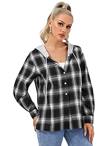 Verdusa Women's Plaid Button Front Long Sleeve Drawstring Hoodie Overshirt Jacket Black M #TOP2