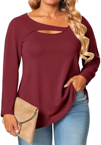 Yousify Womens Plus Size Long Sleeve Tops Cut Out Curvy Trendy Casual Shirts Loose Fit Flowy Tunic Tees