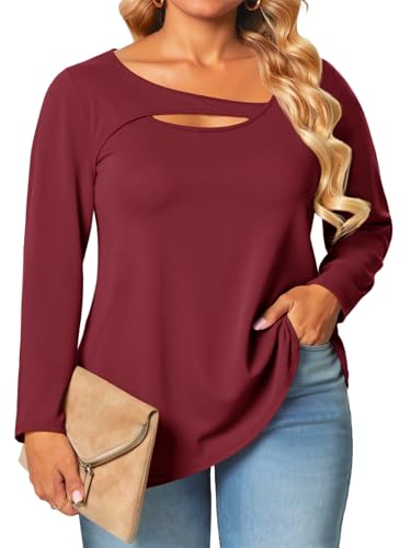 Yousify Womens Plus Size Long Sleeve Tops Cut Out Curvy Trendy Casual Shirts Loose Fit Flowy Tunic Tees Wine Red
