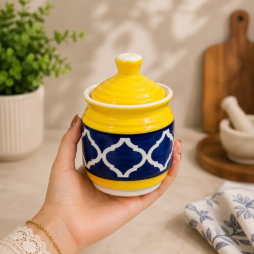 Image of Niyara Multipurpose Storage Ceramic Pickle set Jars & with Lid & tray (Set of 2, 300 ML) (YELLOW MORROCCAN)