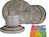 HEKERS 100% Melamin Geschirr Colour Grey - Set 12-Teilig 4 Pers - 1 x HEKERS Mikrofasertuch in zufälliger Farbe Outdoor Picknick Camping Spülmaschinenfest