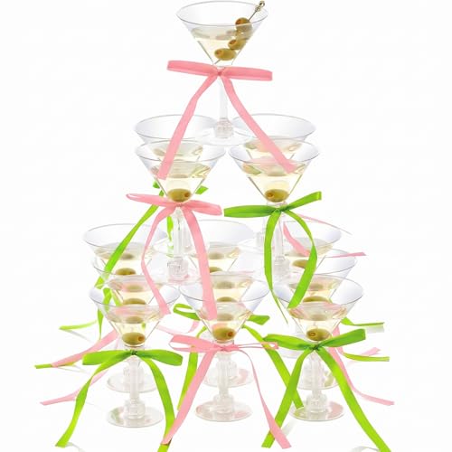 Maxdot 30 Set A Tini Bit Older Birthday Party Supplies 5 oz Espresso Martini Glasses Plastic Mini Champagne Tower with Bow for Espresso Martini Birthday Party Cherry Decoration(Pink, Green)