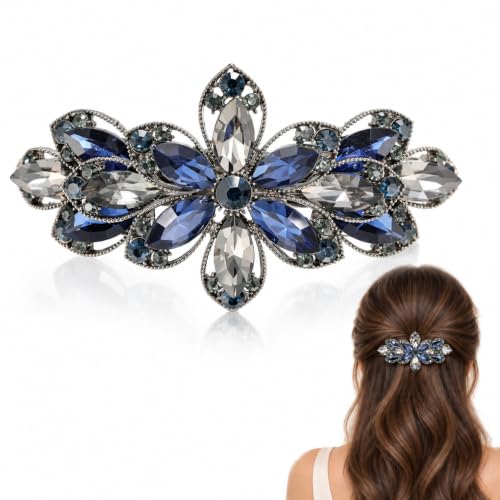 Soumimi Navy Blue Crystal Hair Clip for Women, Floral Rhinestone Barrette