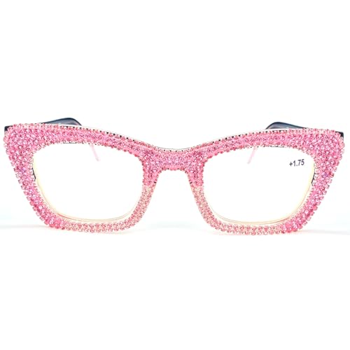Oprah style Bling Rhinestone Square Reading Glasses For Women Shiny Diamond Blue Light Blocking Eyeglasses (pink, 1.75, x)