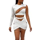Diseño: conjunto de falda a la moda y sexy, costuras de malla, cuello redondo, un hombro, manga larga, parte superior que combina con la falda plisada ajustada, conjuntos de faldas frescas y lindas para estilo Y2K, falda de cintura alta.