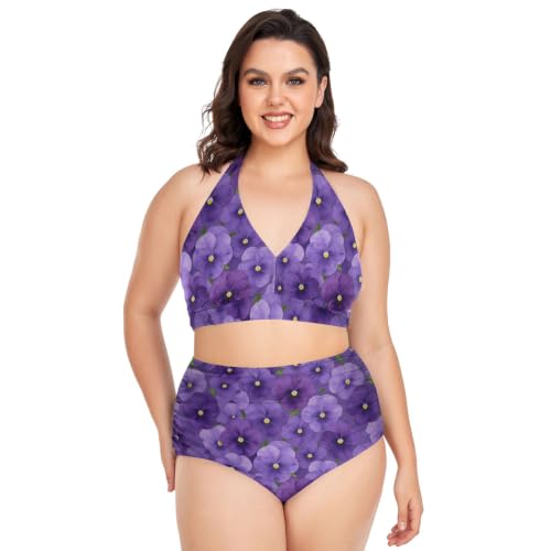Maillot de bain taille haute 2 pièces violet imprimé fleurs de pensée pour femme