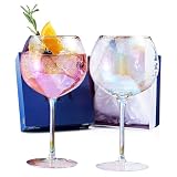 Iridescent Lustered Hammered Wine Glasses - Set of 2 - Gold Rim 20oz Colorful Balloon Stemmed Glassware - Festive Anniversaries, Birthday Gift, Cocktail Party Radiance - Unique Wine Barware