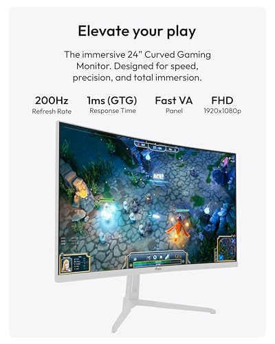 Image of Pixio PXC248 Wave White 24 inch 200Hz Refresh Rate FHD 1080p Resolution 1500R Curve Fast VA Panel 1ms GTG Response Time Adaptive Sync HDR Curved Gaming Monitor