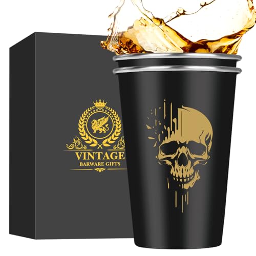 MR.BARWARE Lot de 2 tasses à bière en acier inoxydable motif tête de mort pour fan de gothique, tasses de camping empilables pour activités intérieures et...