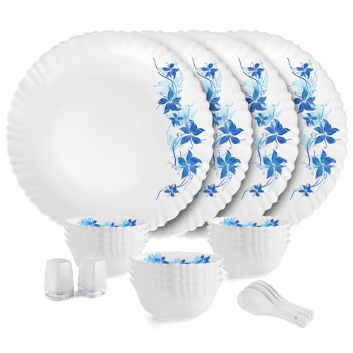 Image of Cello Opalware Dazzle Series Blue Swirl Dinner Set | Microwave & Dishwasher Safe | Light-Weight & Thermal Resistant | Crockery Set for Dining & Gifting | 22 Units