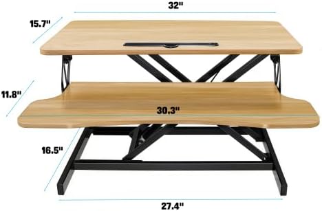 Height Adjustable 32 Inch Desk Converter, Height Adjustable Sit to Stand Riser, Dual Monitor and Laptop Workstation with Wide Keyboard Tray, Standing Computer Desk (Natural)