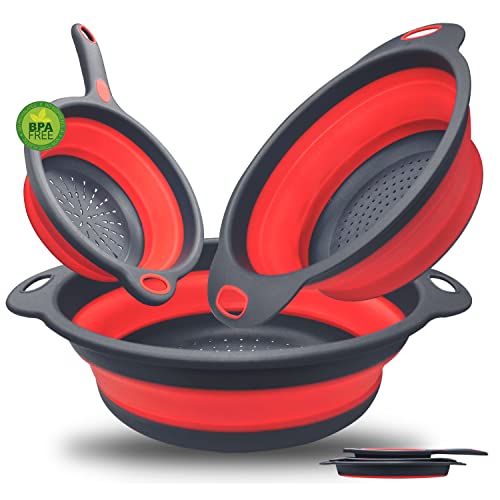Walfos Collapsible Colander Set - Silicone Pasta Colander with Handle, Set of 3, Space-Saving Kitchen Strainers, 1.5 Qt, 2 Qt and 4 Qt, BPA Free ＆ Dishwasher Safe, for Pasta, Vegetables, Fruits