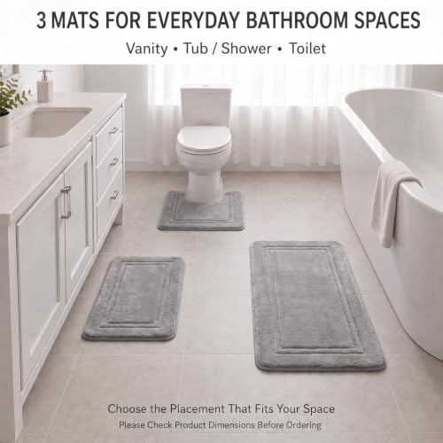 3 Piece Bath Rug Set Memory Foam Non-Slip, Bordered Toilet Rug, Light Gray by RUN HELIX - Used condition - Image 3
