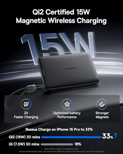 Image of Baseus Picogo Qi2 15W Magsafe Portable Charger, 0.5 inch Ultra Slim 10000mAh Wireless Power Bank with 27W Built-in USB-C Cable, Magnetic Battery Pack for iPhone 17 Pro Max /17 Pro /Air /16 /15 /14 /13 /12