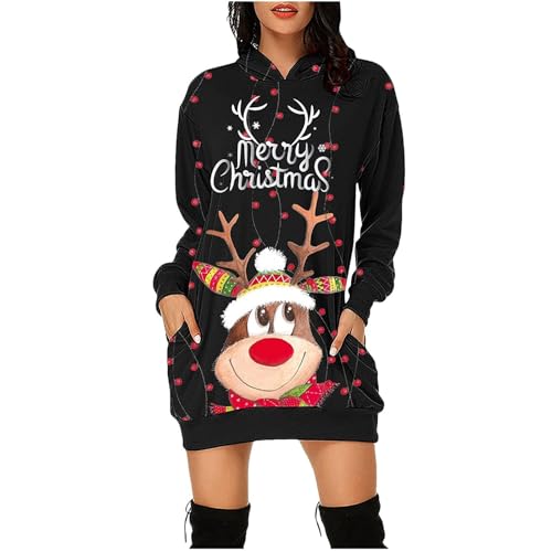 Guhmomh Weihnachtskleid Damen Vintage Sweatkleid mit Kapuze Retro Minikleid Weihnachten Kleider Christmas Kostüm Festliche Kleid Langarm für Frauen...