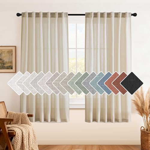 H.VERSAILTEX Natural Linen Curtains 63 inches Long for Living Room 2 Panels Back Tab Loop Pocket Textured Light Filtering Semi Sheer Curtains Rustic Farmhouse Boho Curtain for Bedroom, Castle Wall