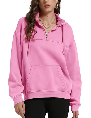 Iwing Womens Oversized Quarter Zip Hoodie Sweatshirt Half Zipper Heavyweight Fleece Hoodies Acid Wash Vintage Sweatshirts Cotton Distressed Coat for Men Women Fall Winter Streetwear 2025 Pink
