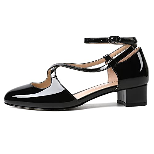 MERRORI Womens Patent Office Ankle Strap Buckle Solid Round Toe Casual Chunky Low Heel Pumps Shoes 1.5 Inch2
